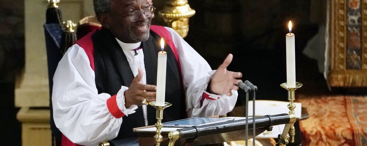 WINDSOR, UNITED KINGDOM - MAY 19: The Most Rev Bishop Michael Curry, primate of the Episcopal Church, gives an address during the wedding of Prince Harry and Meghan Markle in St George's Chapel at Windsor Castle on May 19, 2018 in Windsor, England. (Photo by Owen Humphreys - WPA Pool/Getty Images)