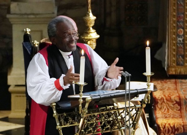 WINDSOR, UNITED KINGDOM - MAY 19: The Most Rev Bishop Michael Curry, primate of the Episcopal Church, gives an address during the wedding of Prince Harry and Meghan Markle in St George's Chapel at Windsor Castle on May 19, 2018 in Windsor, England. (Photo by Owen Humphreys - WPA Pool/Getty Images)